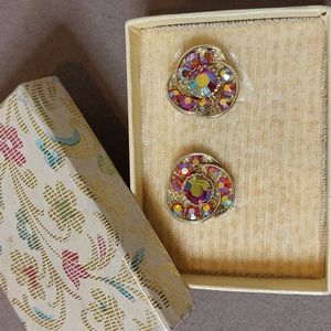 Vintage 50's/60's clip on pink rhinestone swirl earrings